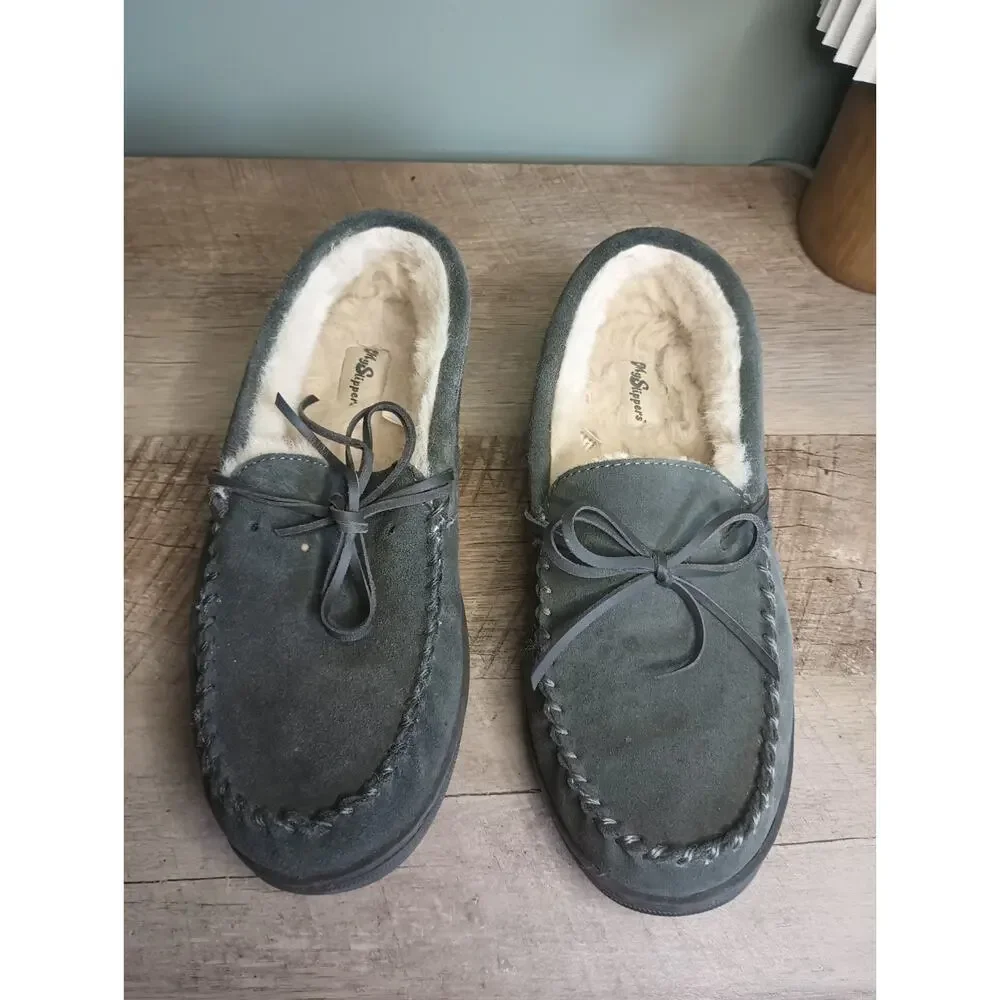 My Slippers Faux Fur Lined Leather Moccasins Mens 10 Cozy Cabin Dad Lounge